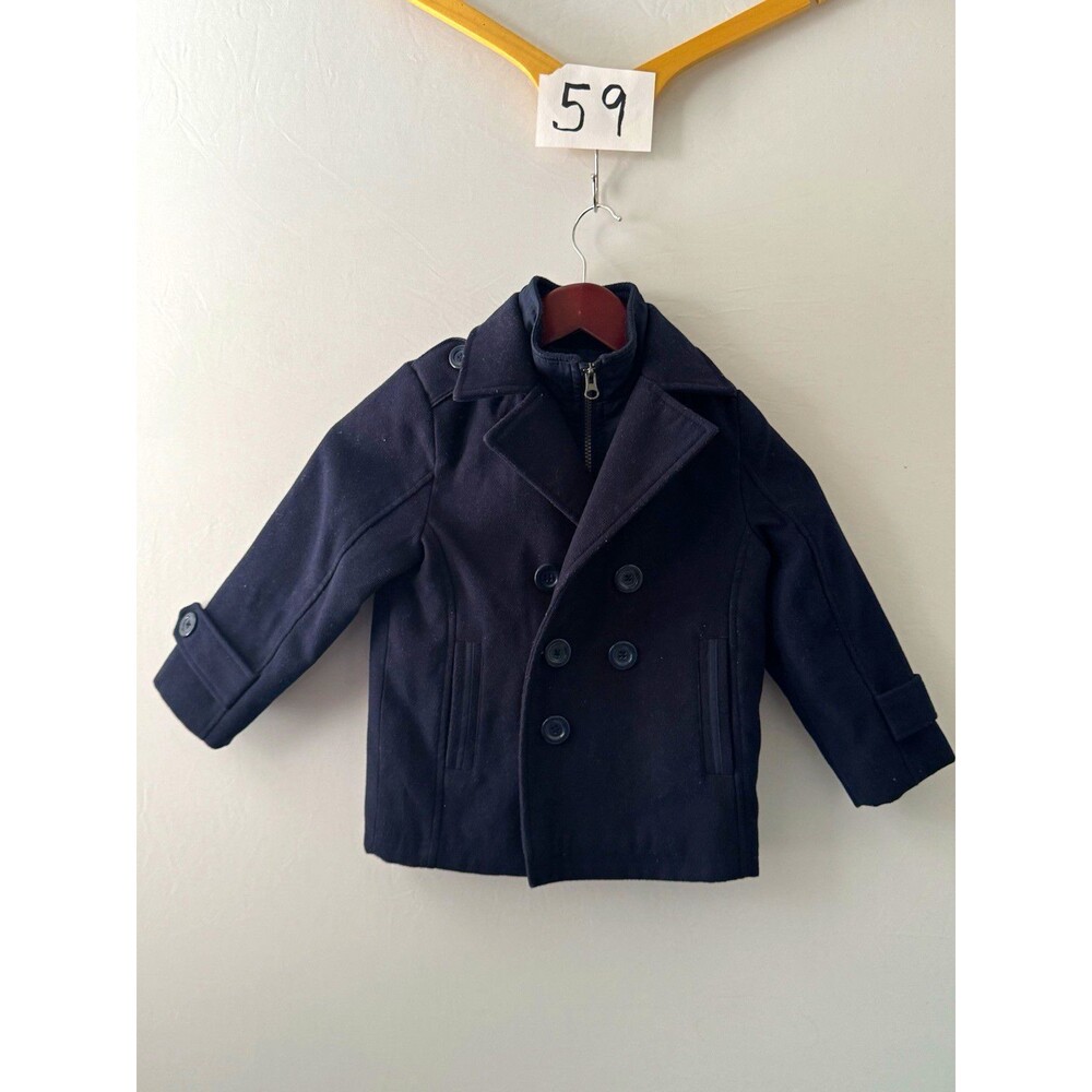 London Fog Boys 5 Navy Pea Coat Button Front Lined Pockets Twill Poly Blend